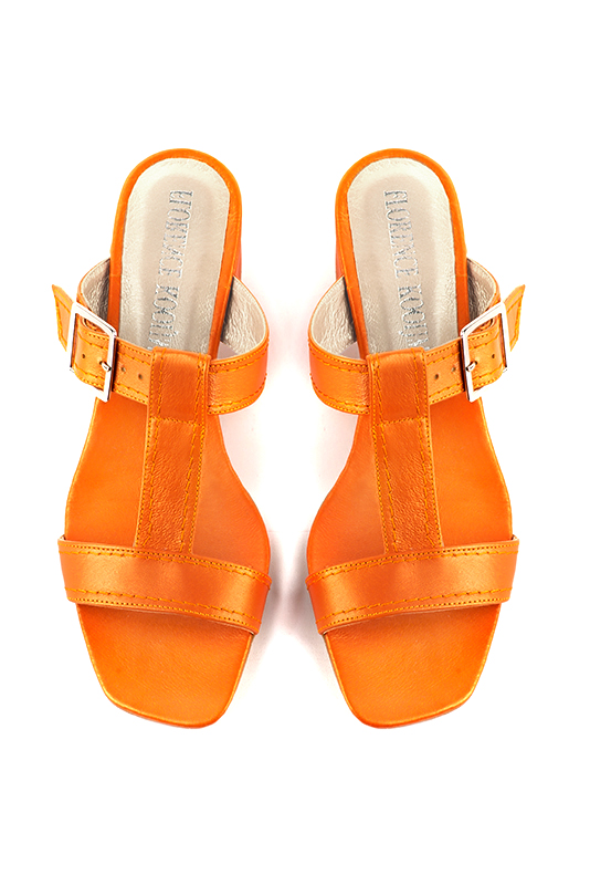 Apricot orange women's fully open mule sandals. Square toe. Low flare heels. Top view - Florence KOOIJMAN